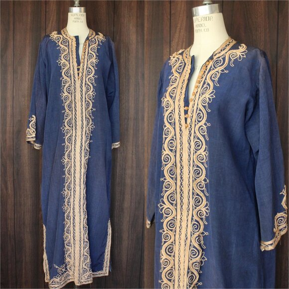 Vintage Moroccan Caftan, Blue and Gold Tunic or Dress, Traditional Middle Easter - Picture 1 of 10